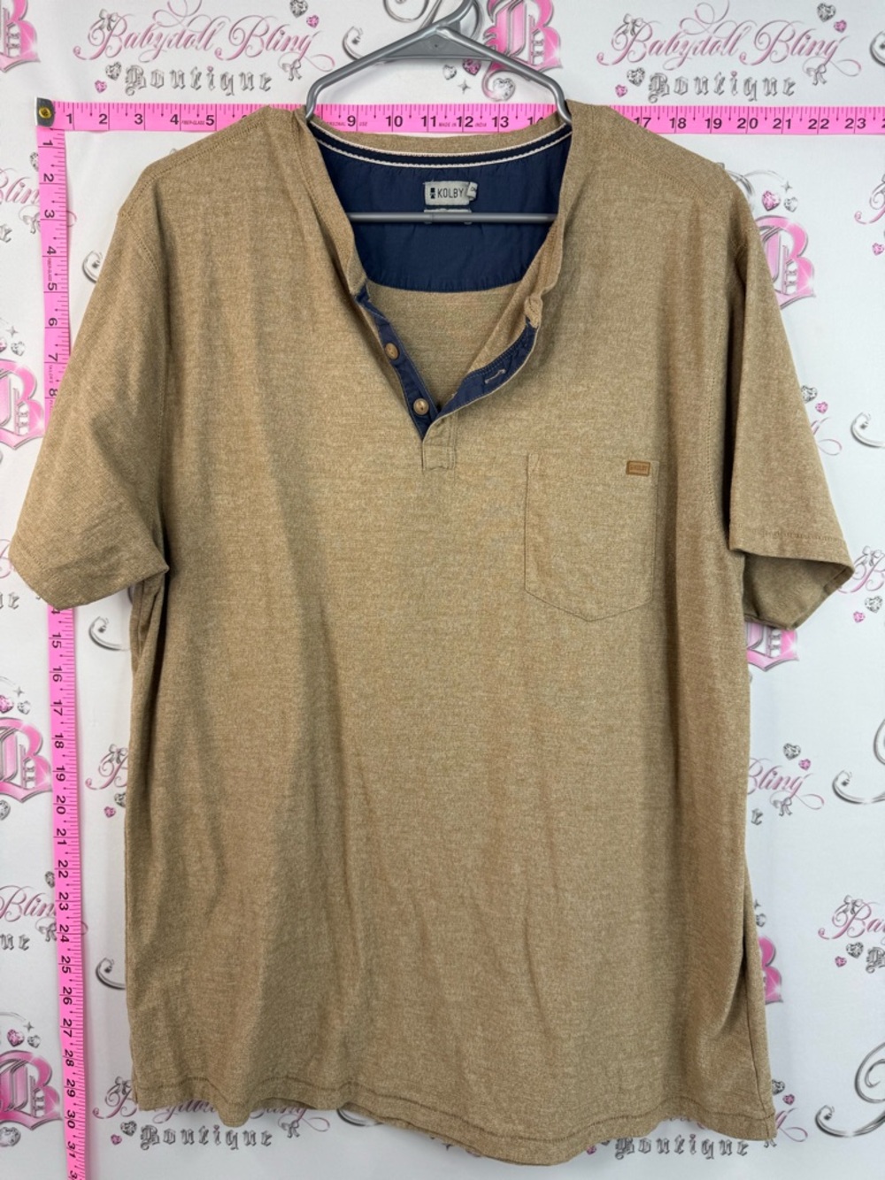 Kolby T-shirt top brown tan Short-Sleeve Henley Polo in Tan with Navy Trim